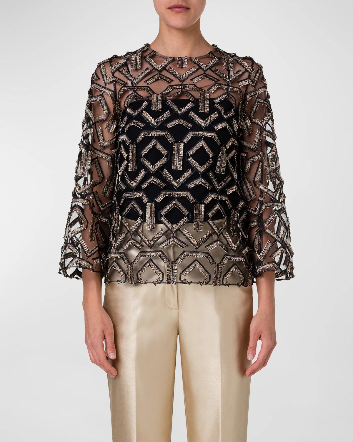 Fringe-Embroidered Tulle Blouse by AKRIS