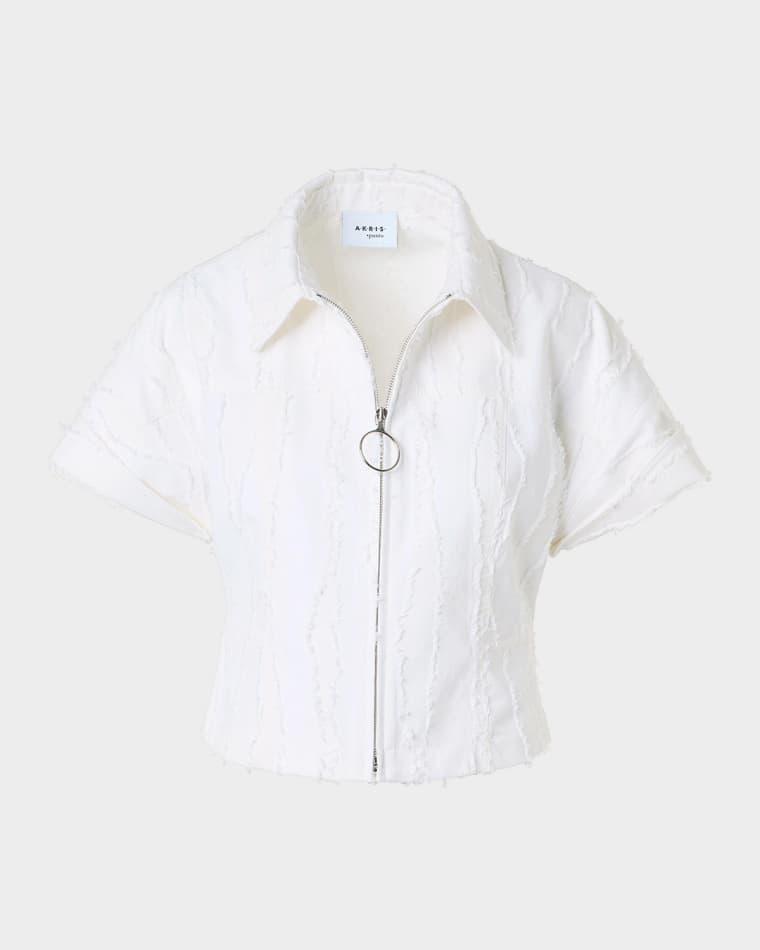 Fringed Denim Short-Sleeve Crop Zip Jacket by AKRIS