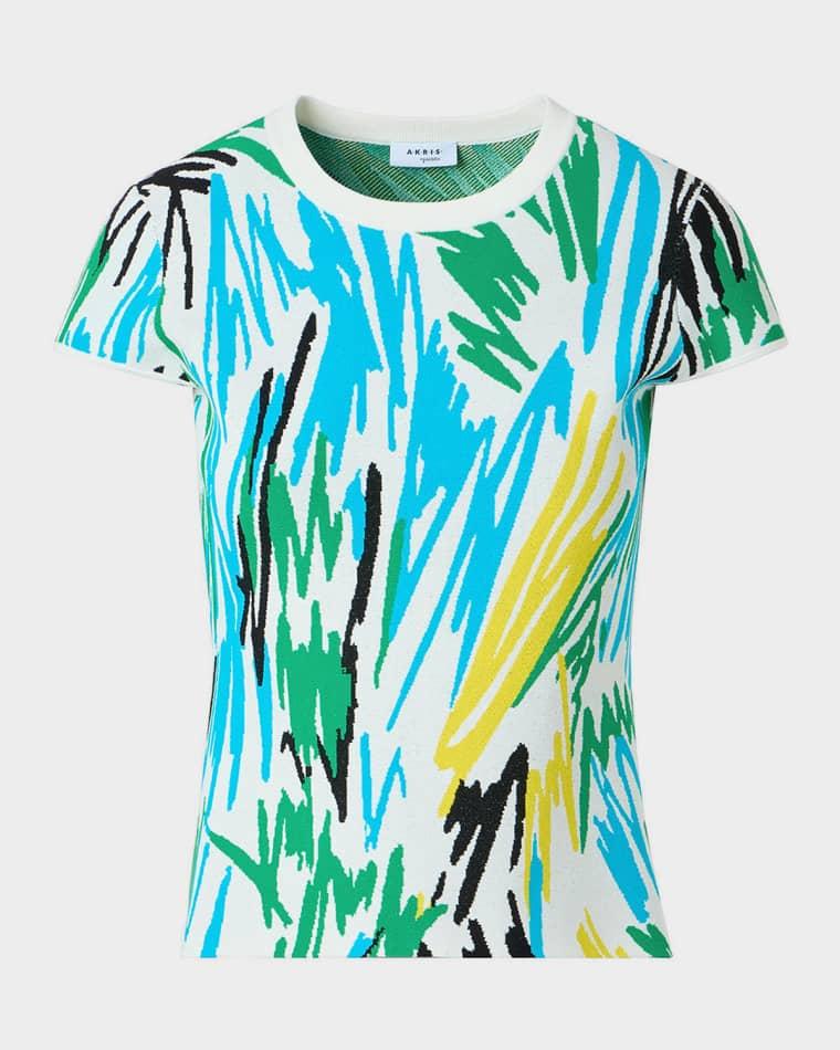 Scribble-Print Short-Sleeve Knit Top by AKRIS