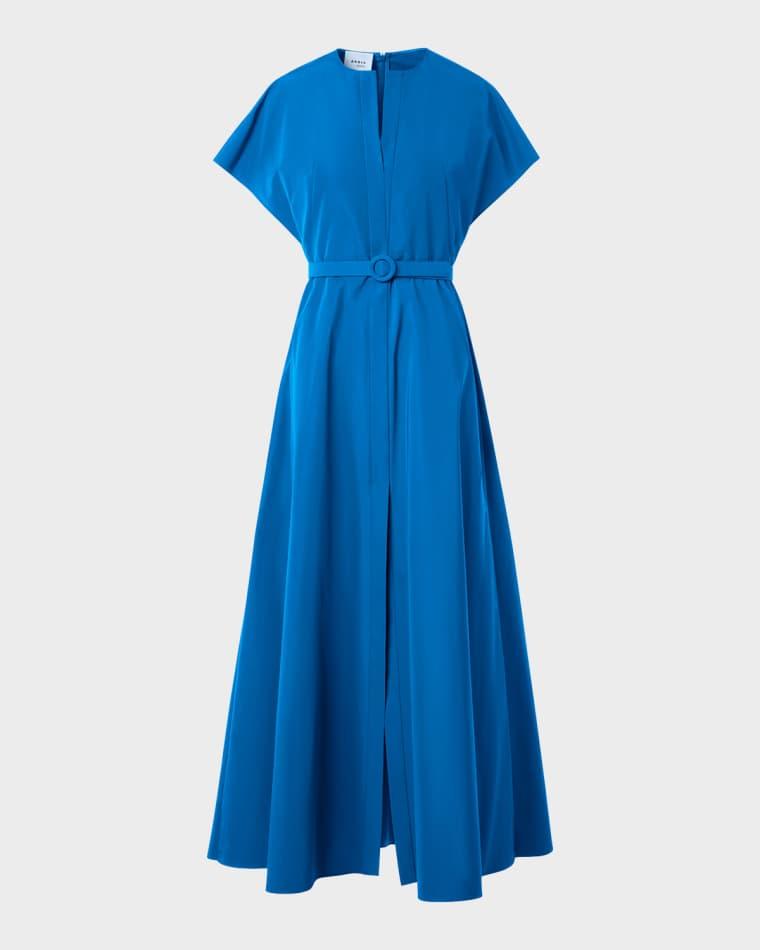 Short-Sleeve Belted Techno Midi Dress by AKRIS