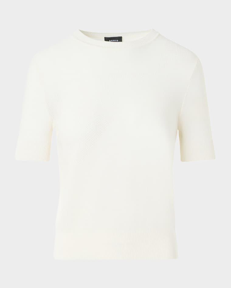Silk-Cotton Pointelle Knit Short-Sleeve Sweater by AKRIS