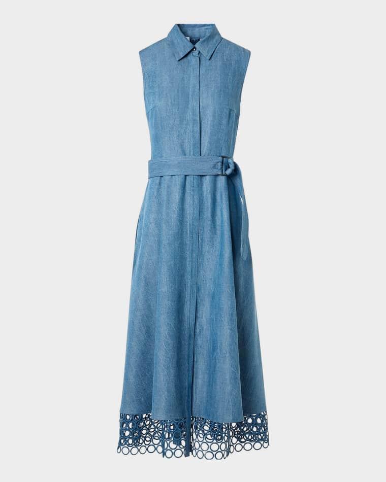 Sleeveless Dot Embroidered Denim Midi Shirtdress by AKRIS