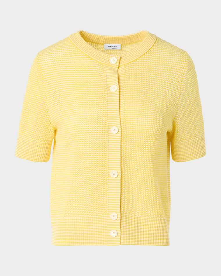 Striped Mesh Knit Short-Sleeve Crewneck Cardigan by AKRIS