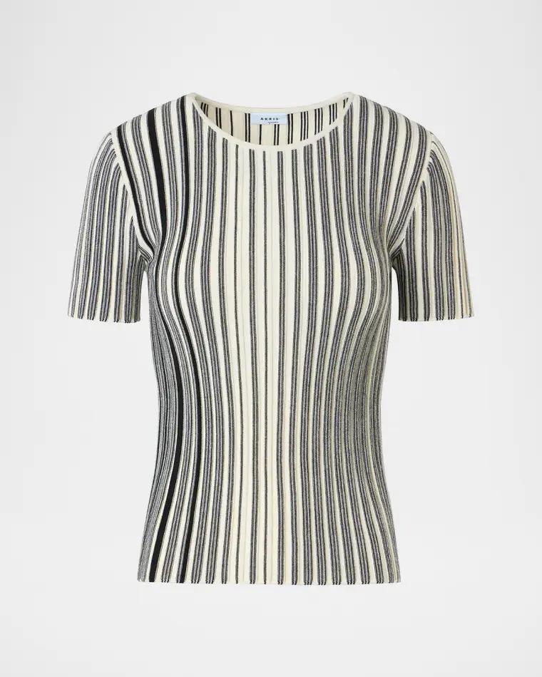 Striped Rib Knit Short-Sleeve Sweater by AKRIS