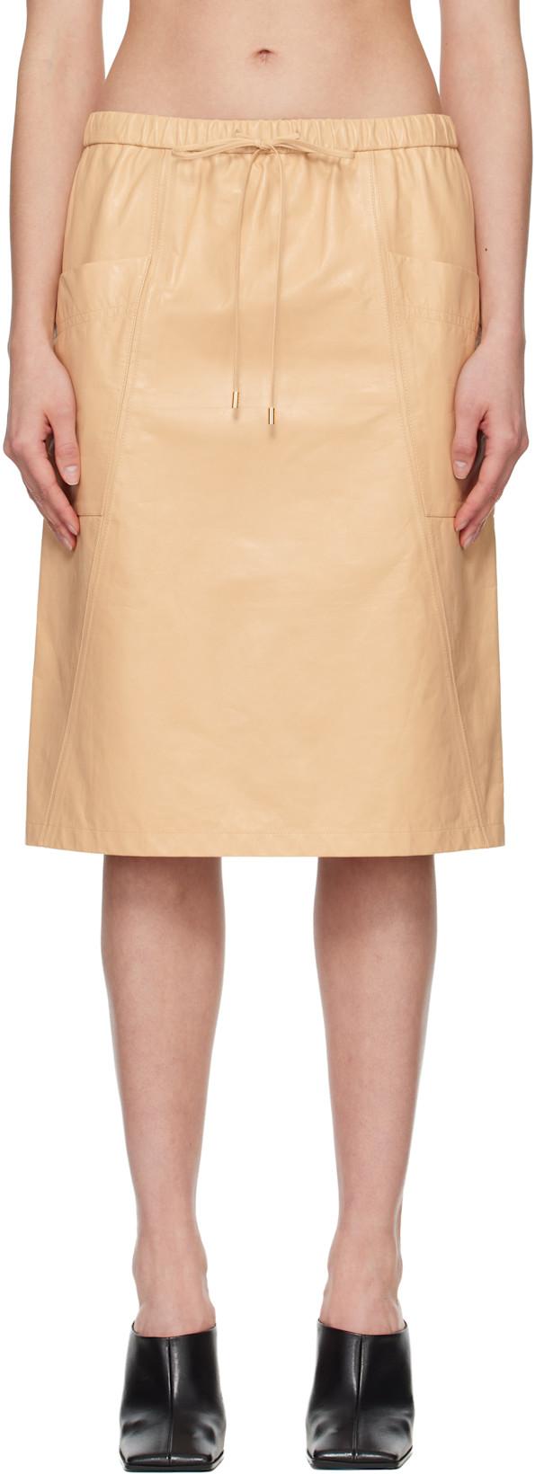 Beige Pencil Calfskin Midi Skirt by ALAIA