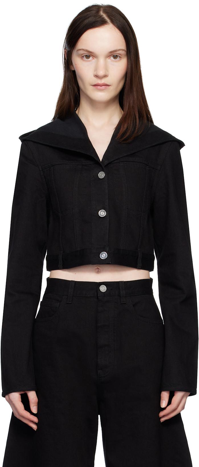 Black Cropped Hooded Denim Jacket by ALAIA