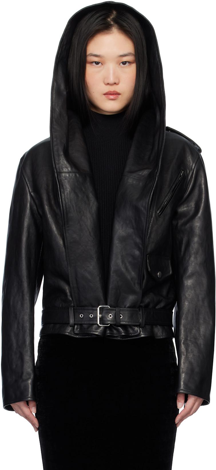 Black Hooded Biker Leather Jacket by ALAIA