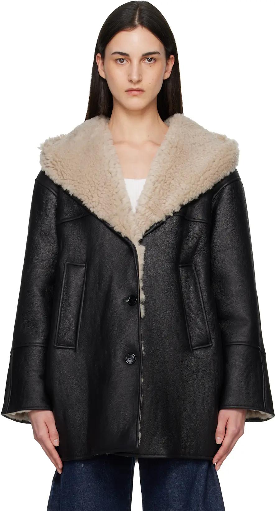 Black Hooded Shearling Parka Jacket by ALAIA