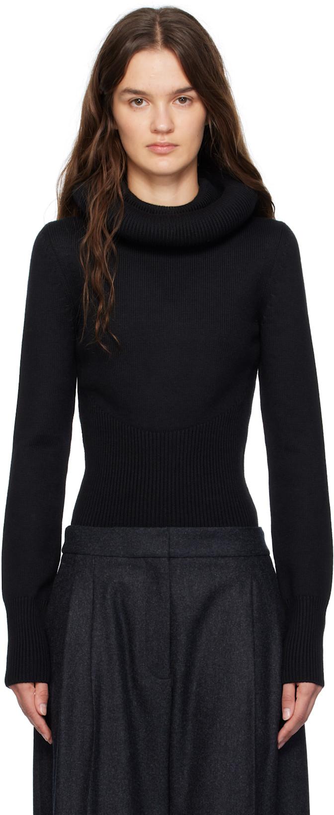 Black Sculptural Hood Ribbed Knit Turtleneck by ALAIA