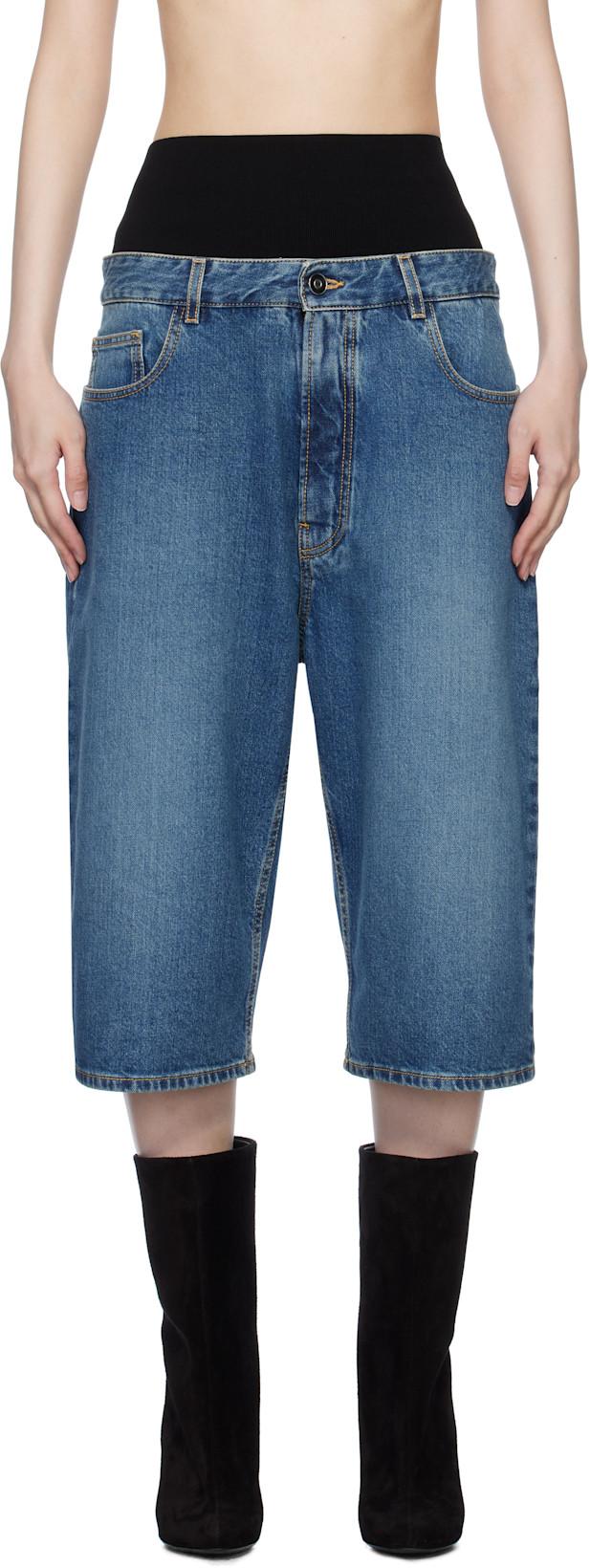 Blue Knitted Waistband Denim Bermuda Shorts by ALAIA
