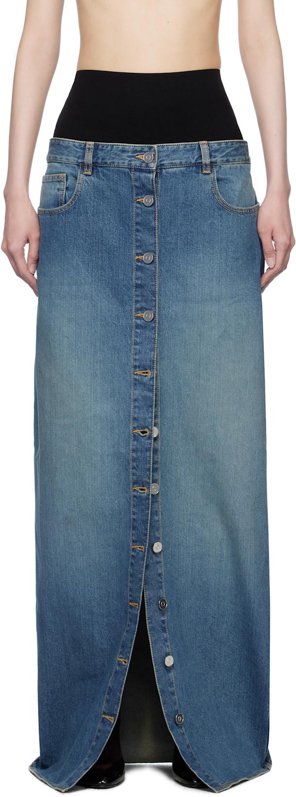 Blue Knitted Waistband Denim Maxi Skirt by ALAIA