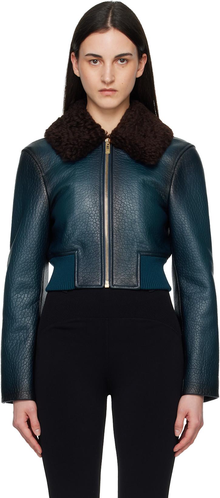 Blue Leather Aviator Bomber Jacket by ALAIA