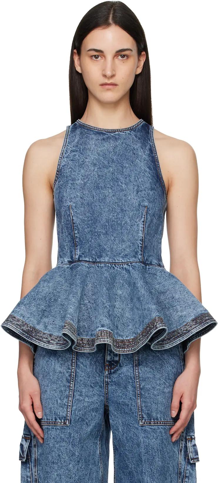Blue Peplum Denim Top by ALAIA