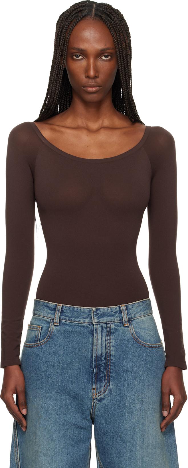 Brown Second Skin Knit Off-Shoulder Bodysuit by ALAIA