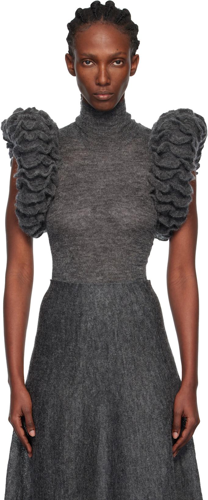 Gray Mohair Knit Sculptural Ruffle Bodysuit by ALAIA