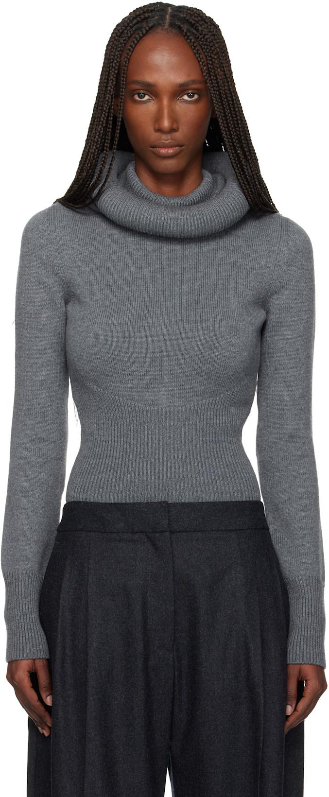 Gray Sculptural Hood Ribbed Knit Turtleneck by ALAIA