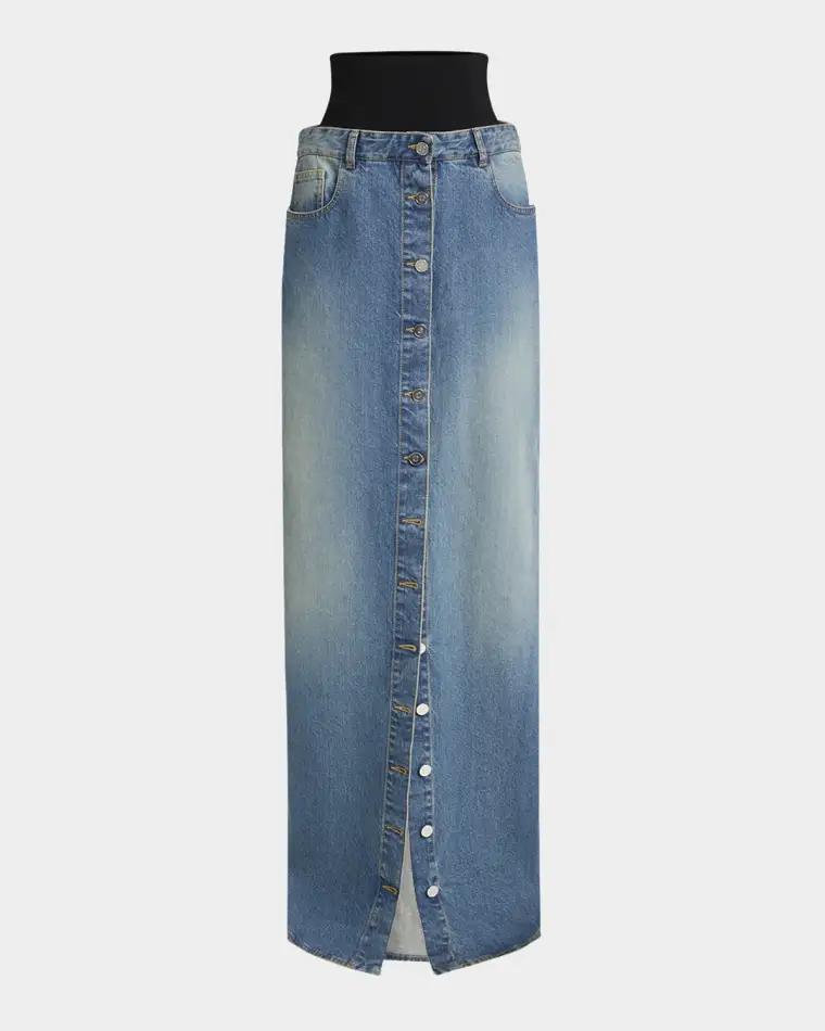 Knit Waistband Pillar Long Denim Skirt by ALAIA