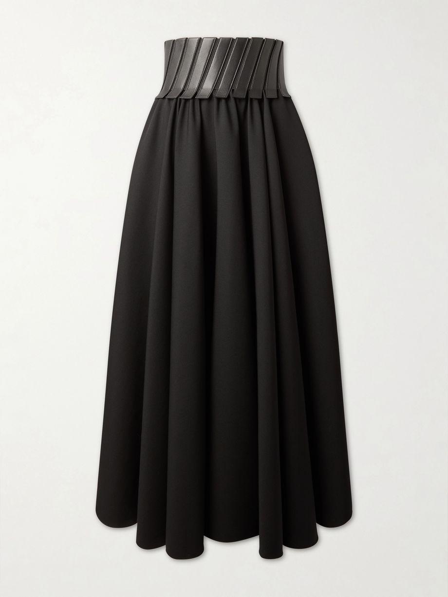 Leather-trimmed wool-gabardine midi skirt by ALAIA