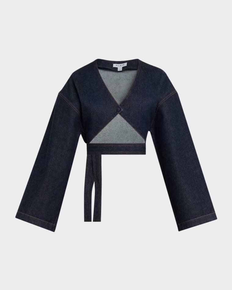 Long-Sleeve Denim Crop Wrap Top by ALAIA
