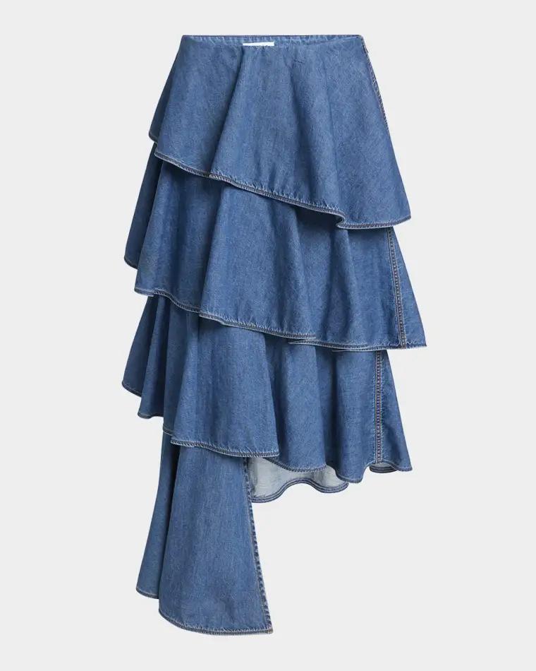 Spiral Ruffle Denim Midi Skirt by ALAIA