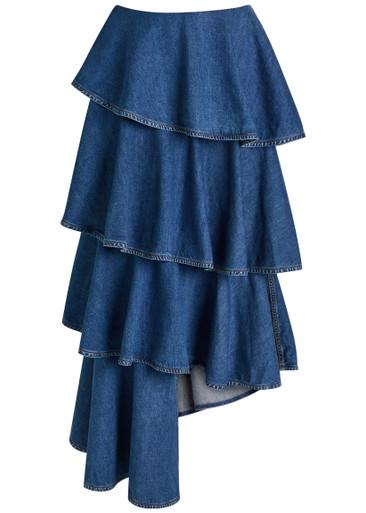 Spiral asymmetric tiered denim midi skirt by ALAIA