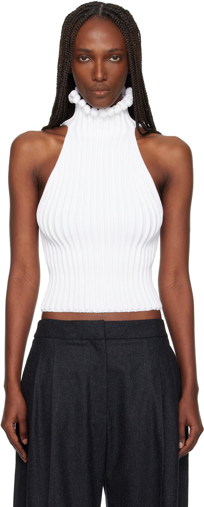White Ribbed Knit Curled Trimmed Halter Top by ALAIA