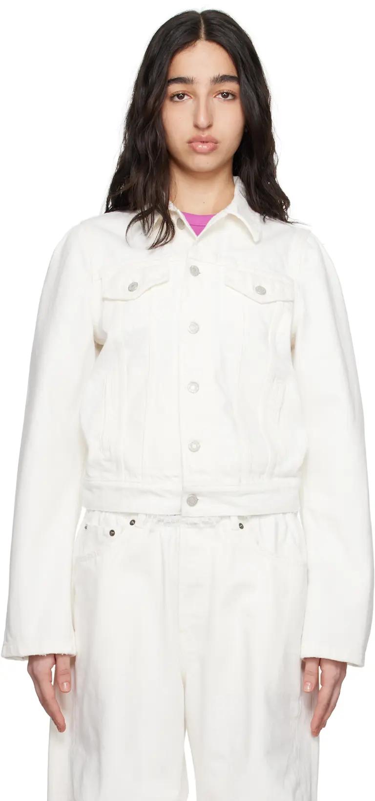 White Molded Shoulder Denim Jacket by ALAINPAUL