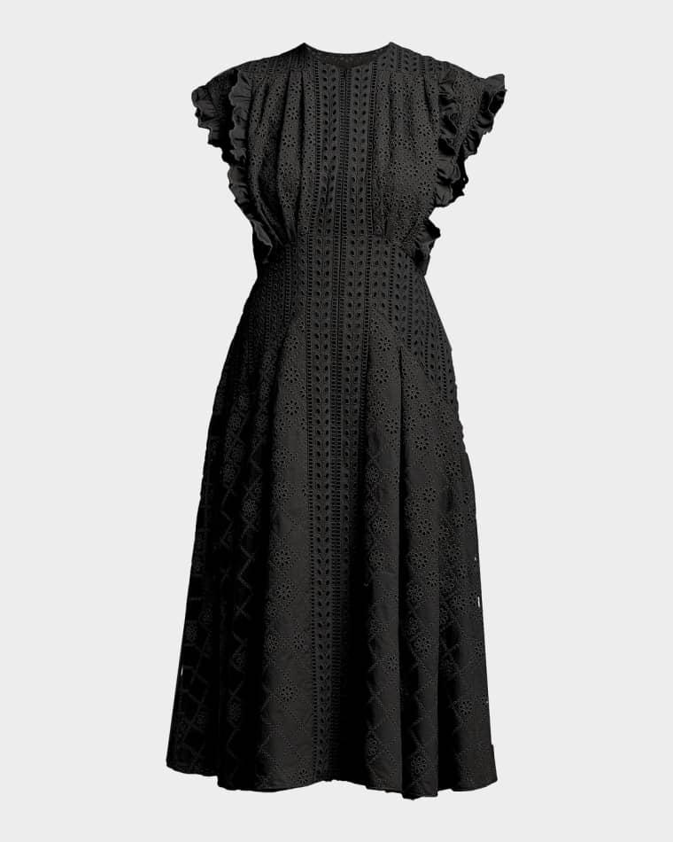Cap-Sleeve Pleated Eyelet Cotton Midi Dress by ALBERTA FERRETTI