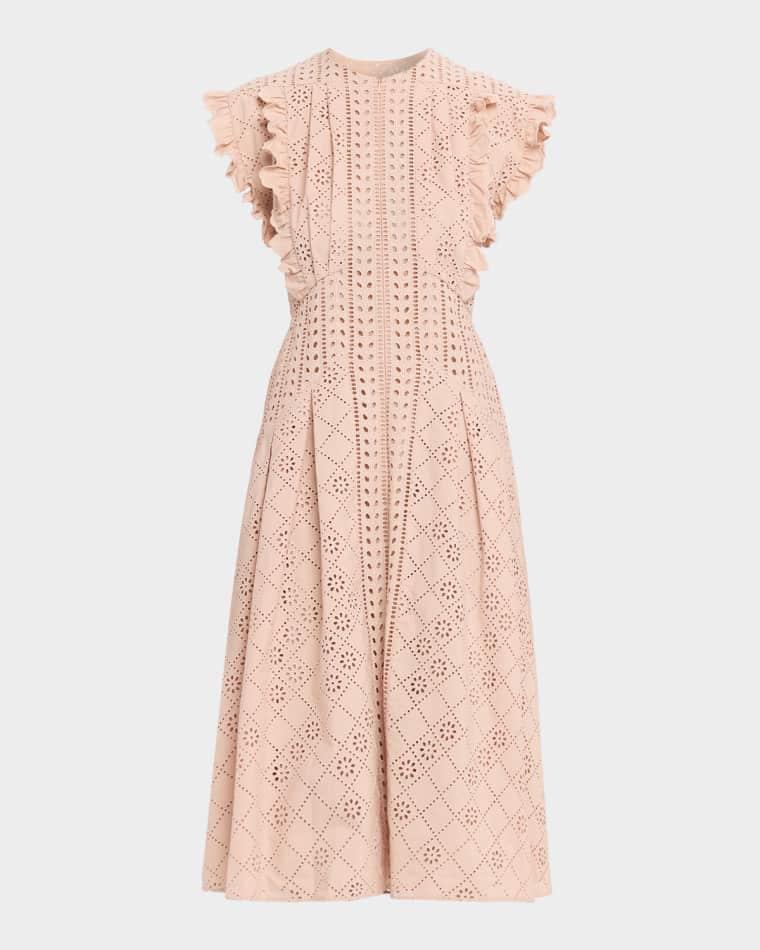 Eyelet Cotton Flared Midi Dress by ALBERTA FERRETTI