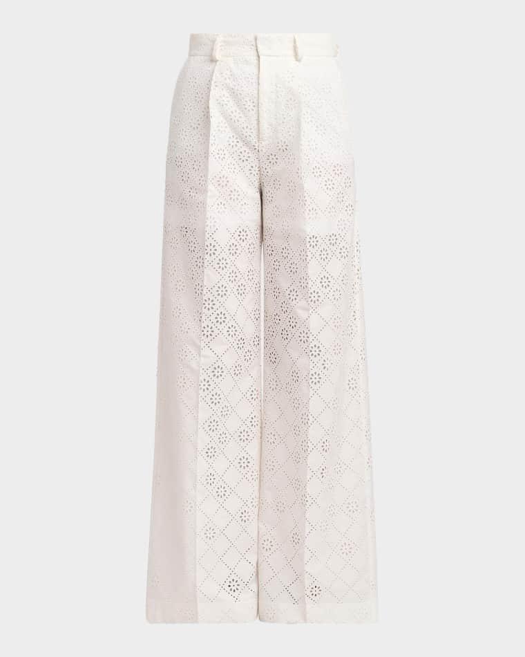 Eyelet Embroidered Cotton Wide-Leg Trousers by ALBERTA FERRETTI