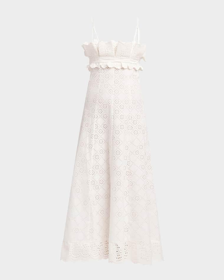 Eyelet Embroidered Ruffle Empire Midi Dress by ALBERTA FERRETTI