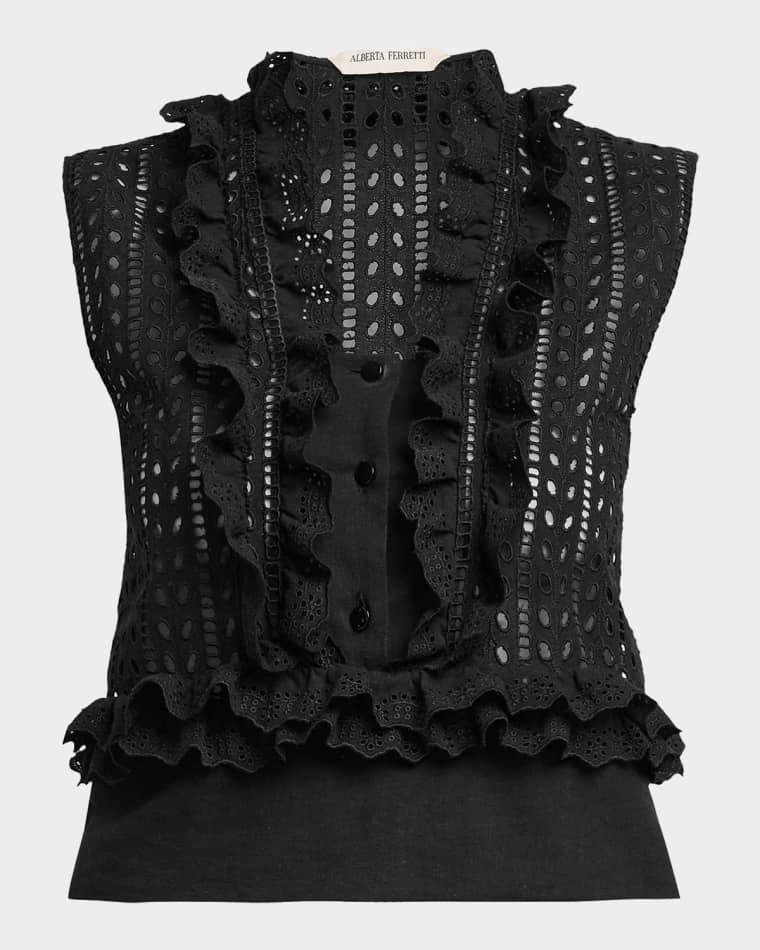 Eyelet Embroidered Ruffle Sleeveless Top by ALBERTA FERRETTI