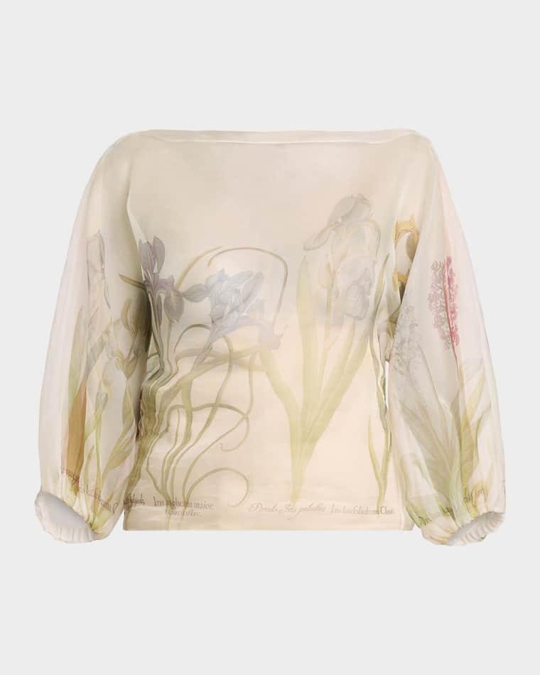 Floral Sheer Silk Organza Balloon-Sleeve Blouse by ALBERTA FERRETTI