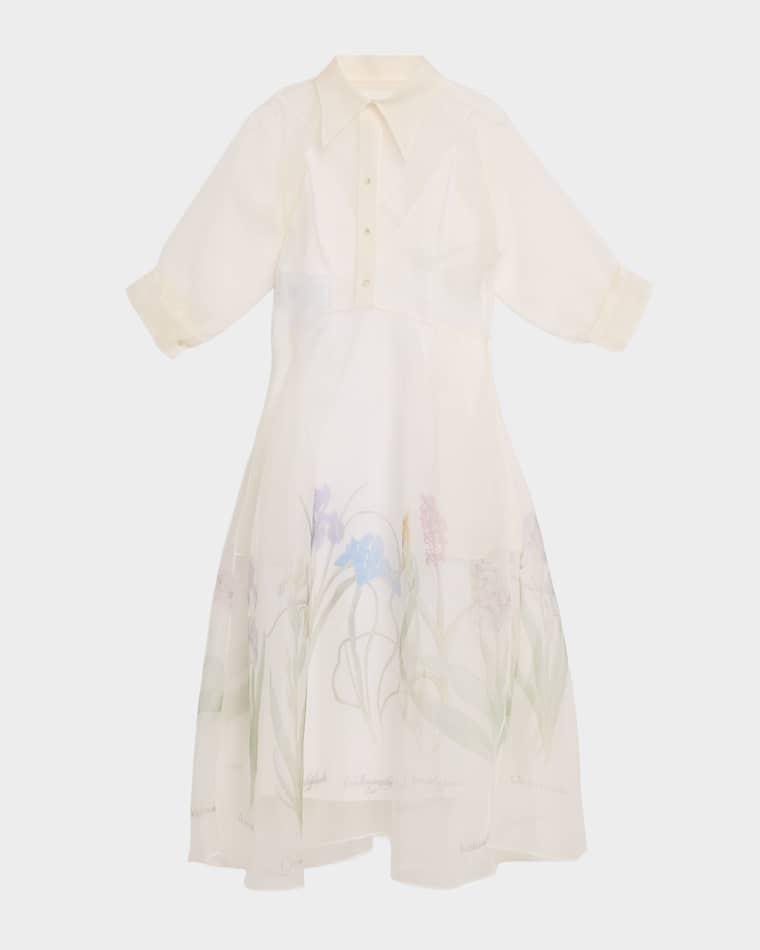 Iris-Print Silk Organza 3/4-Sleeve Midi Shirtdress by ALBERTA FERRETTI