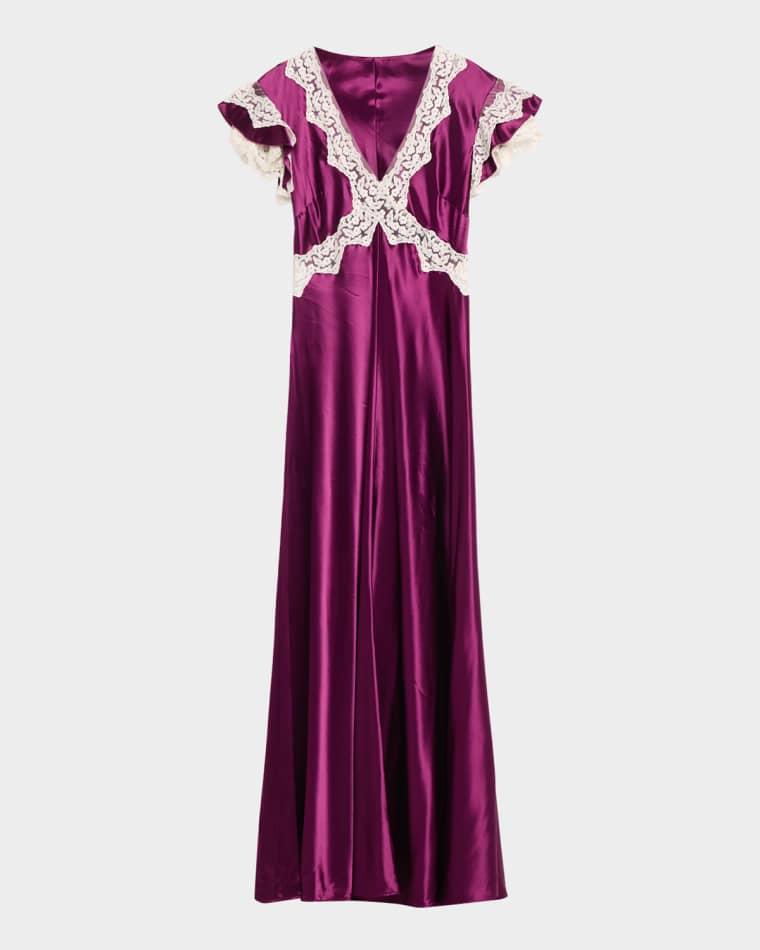 Lace-Trim Ruffle-Sleeve Satin Maxi Dress by ALBERTA FERRETTI