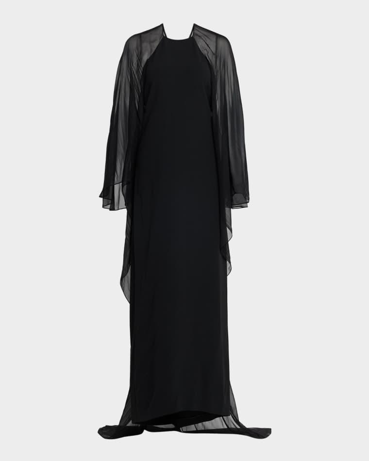Long-Sleeve Chiffon Cape Backless Maxi Dress by ALBERTA FERRETTI