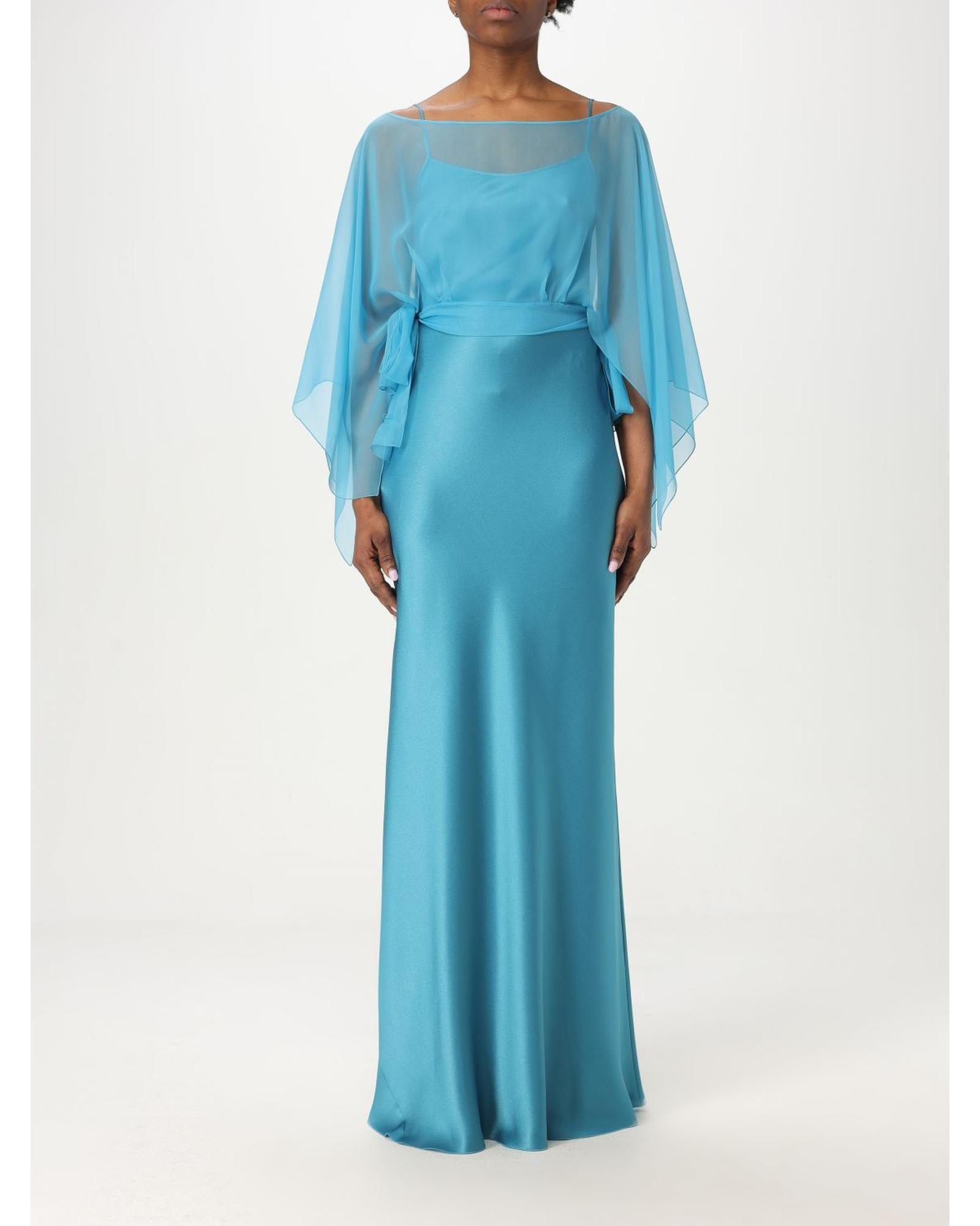 Silk Maxi Dress with Sheer Overlay Women - Gnawed Blue Dresses by ALBERTA FERRETTI