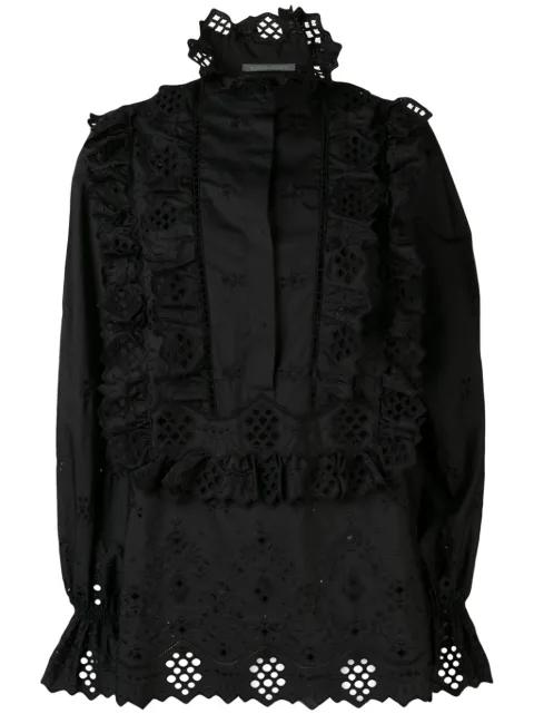 embroidered ruffled front bib blouse by ALBERTA FERRETTI