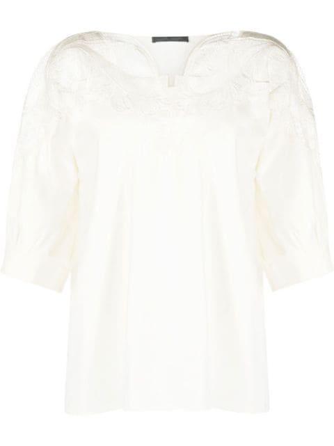 lace-panel gathered-detail blouse by ALBERTA FERRETTI