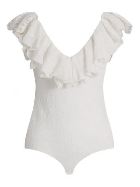 ruffled-lace V-neck bodysuit by ALBERTA FERRETTI