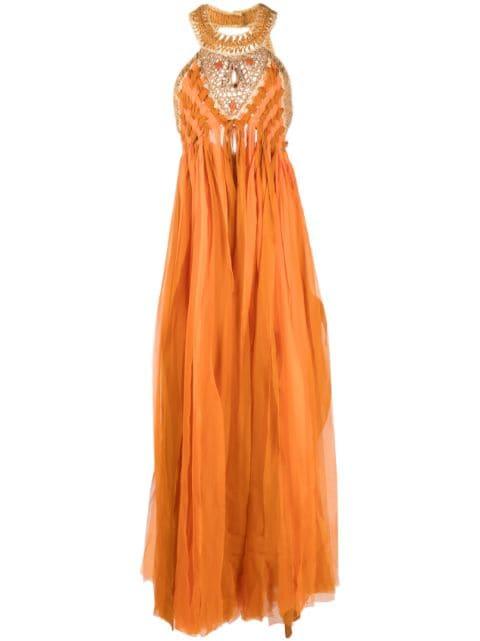 stone-embellished fringed maxi dress by ALBERTA FERRETTI