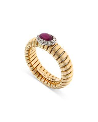 18K Yellow Gold Via Giardino Tubogas Domed Ruby Cabochon & Diamond Ring by ALBERTO MILANI