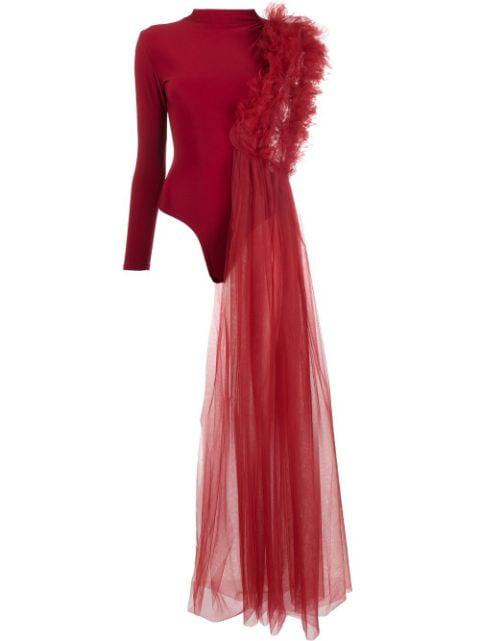 x Lia Aram ruched one-shoulder tulle jersey top by ALCHEMY