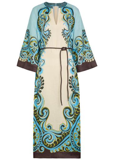 Natalia printed belted linen midi dress by ALEMAIS