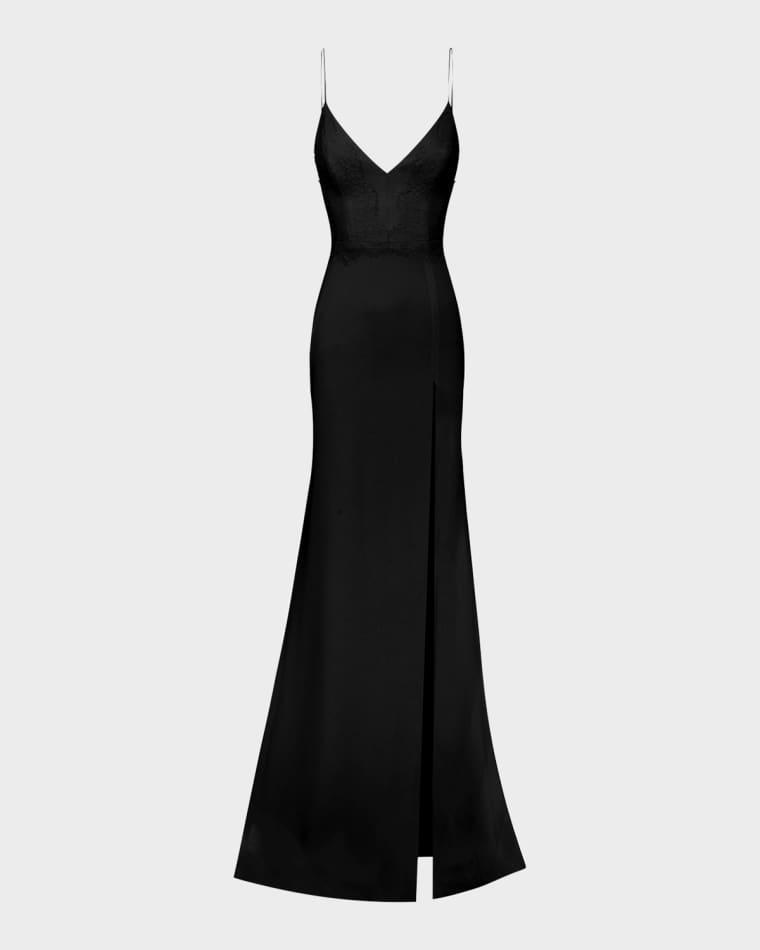 V-Neck Sleeveless Lace-Trim Satin Crepe Trumpet Gown by ALEX PERRY