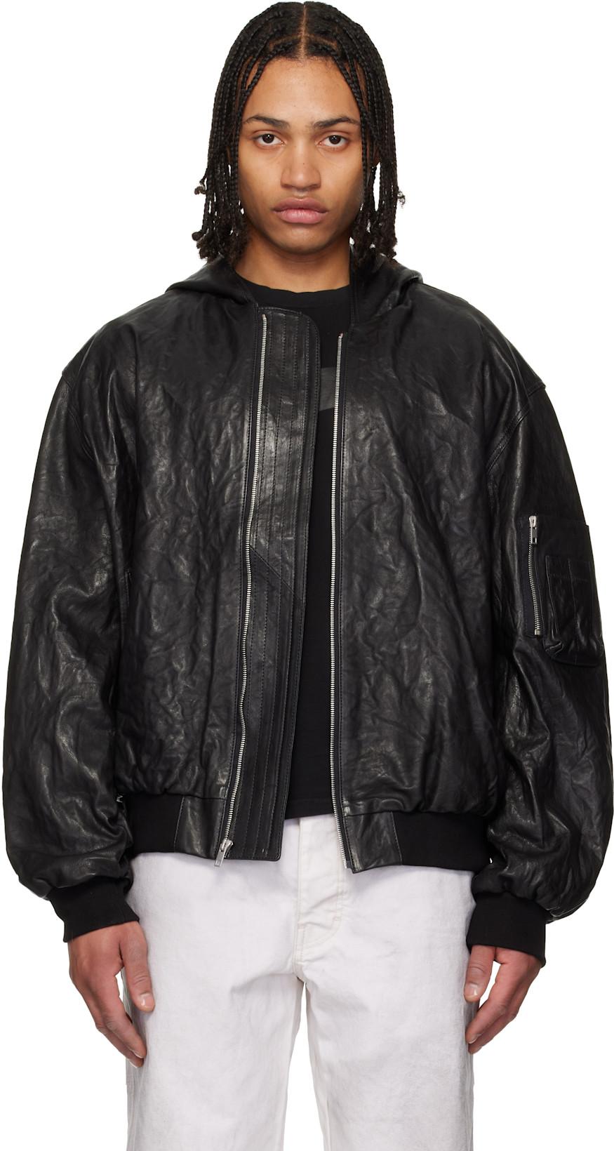 Black Leather Hooded Jacket by ALEXANDER DIGENOVA