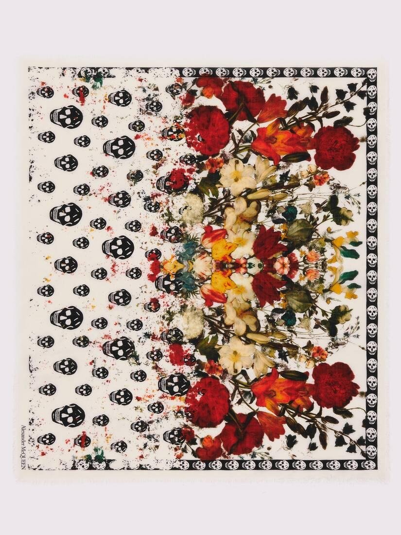 floral classic skull foulard in ivory/red by ALEXANDER MCQUEEN