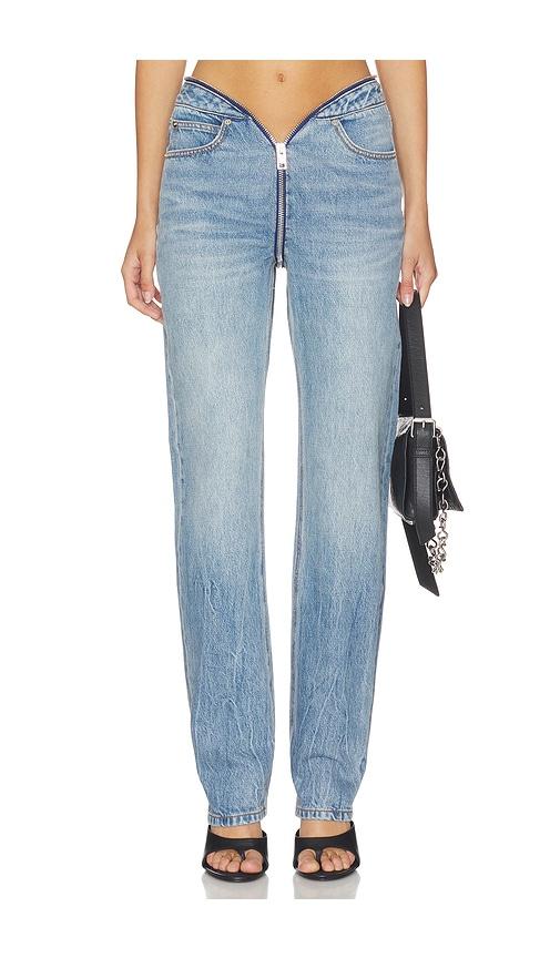 Alexander Wang Dipped V Zip Waistband Straight Leg Jeans in Blue by ALEXANDER WANG