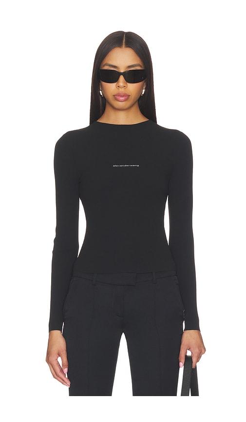 Alexander Wang Long Sleeve Crewneck Top With Jacquard Logo in Black by ALEXANDER WANG