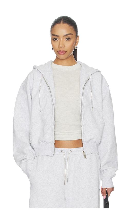 Alexander Wang Zip Up Hoodie With Rhinestone Drawcord in Light Grey by ALEXANDER WANG